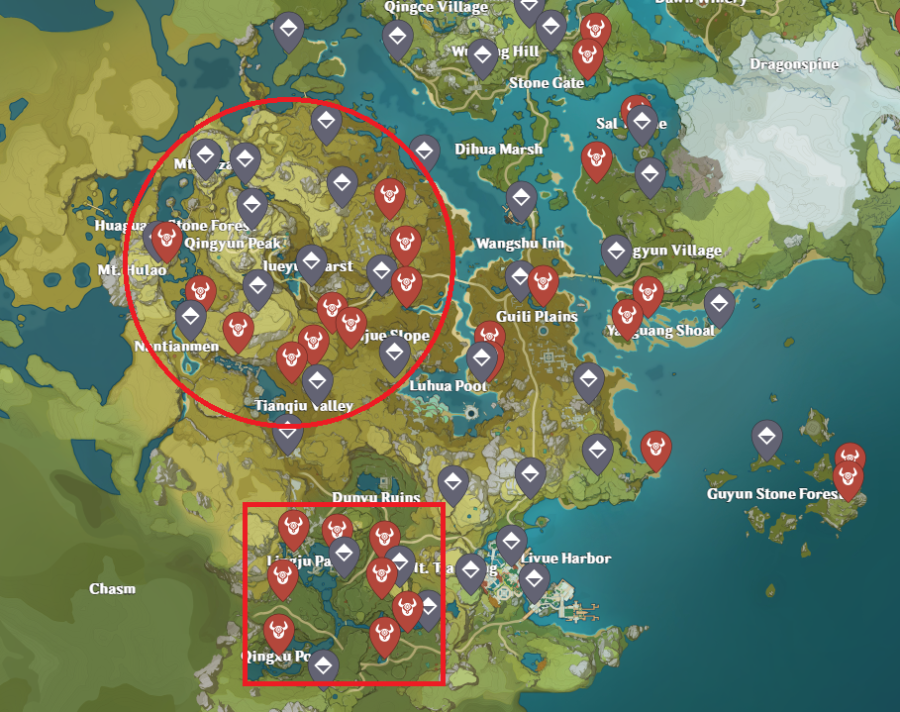 Una imagen del mapa de impacto de Genshin, que muestra las ubicaciones de los magos del abismo para obtener los materiales de Dead Ley Line