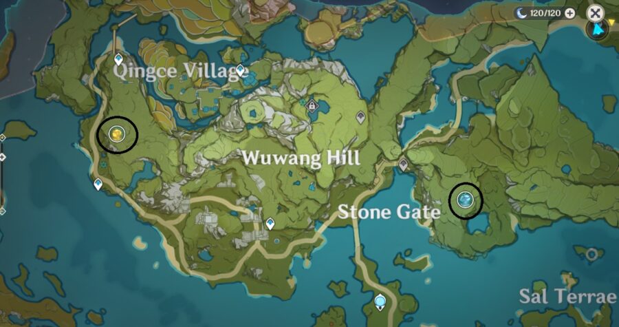 Una captura de pantalla del mapa en Genshin Impact, que muestra la ubicación de las Líneas Ley