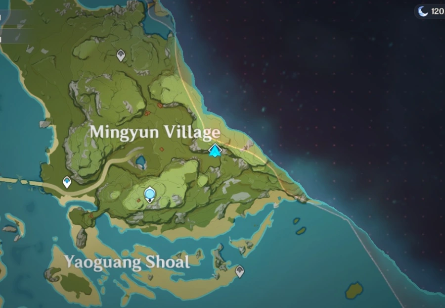 Una captura de pantalla del mapa de Genshin Impacts que muestra la ubicación del Palacio Oculto de Lianshan Formula Abyssal Domain
